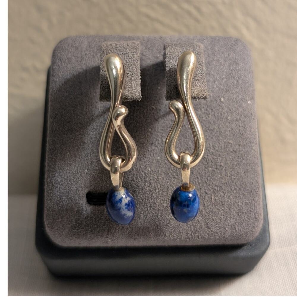 Vintage Signed AC Studio Thailand Sterling Silver Lapis Lazuli Dangle Earrings